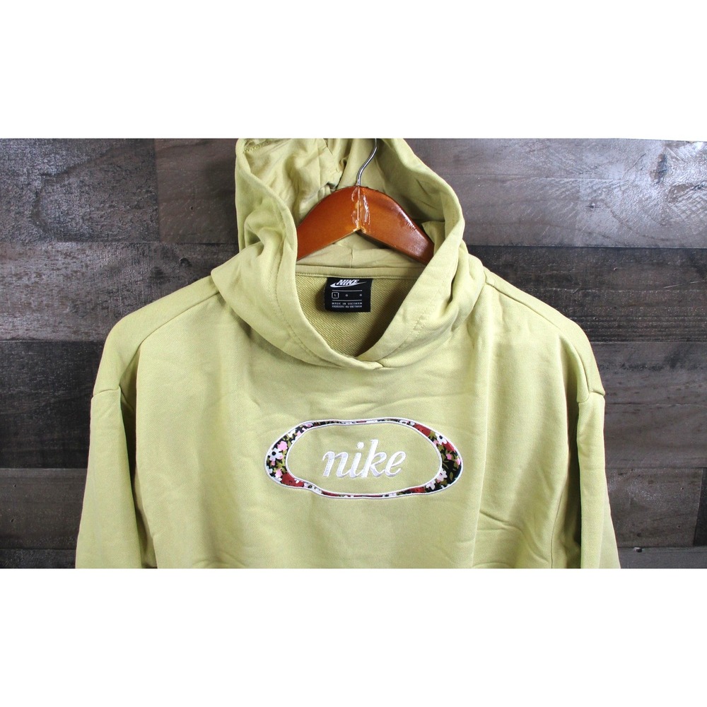 Nike Hoodie Womens Large Yellow Cropped Floral Logo Embroidered DJ1084-318